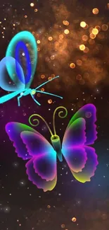 Vibrant neon butterflies on dark magical background.