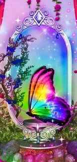 Vibrant rainbow butterfly on ornate pedestal, surrounded by magical floral scene.