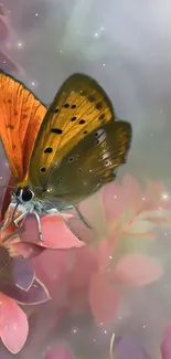 Fantasy art mobile wallpaper with a vibrant orange butterfly.