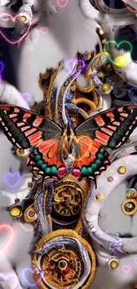 Vibrant butterfly with gears and hearts fantasy wallpaper.