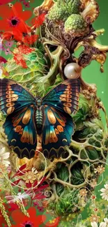 Colorful butterfly on floral fantasy art wallpaper.