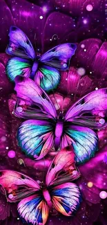 Vibrant butterflies on a purple background with neon colors.