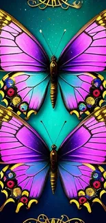 Vibrant purple butterflies with steampunk accents on a teal background.