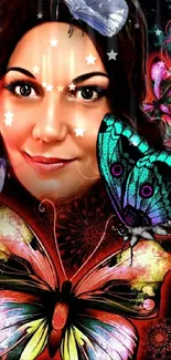 Vibrant fantasy art with colorful butterflies surrounding a woman's face.