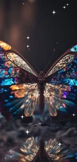 Fantasy butterfly artwork with vibrant colors and a reflective background.