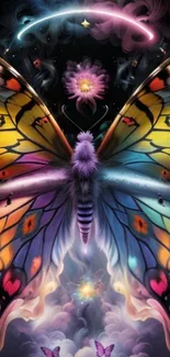 Vibrant butterfly with mystical, colorful fantasy background.