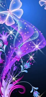 Vibrant butterfly fantasy wallpaper with glowing flowers.