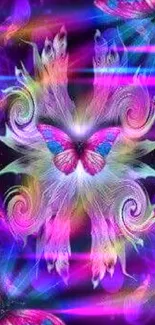 Vibrant butterfly fantasy art wallpaper with neon colors and swirling designs.