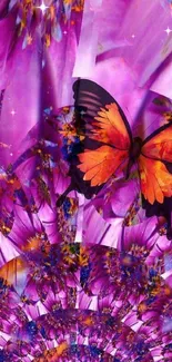 Colorful fantasy wallpaper with vibrant butterfly on a purple background.