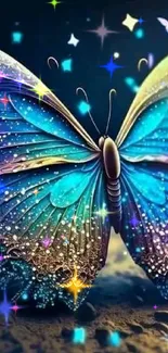 Vibrant butterfly glowing in magical fantasy art on a mobile wallpaper.