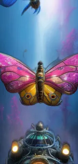 Vibrant butterfly with pink and yellow wings on blue fantasy background.