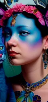 Fantasy art of a blue-hued woman with butterfly wings and a mystical cat.