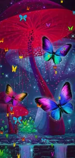 Vibrant glowing butterflies among colorful mushrooms in a mystical fantasy scene.