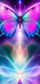 Vibrant neon butterfly fantasy wallpaper with mystical glowing colors.