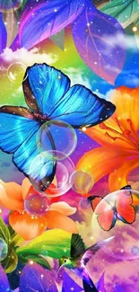 Vibrant mobile wallpaper of blue butterflies and colorful flowers.