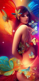 Vibrant fantasy wallpaper with colorful butterflies and mystical woman.