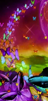 Vibrant fantasy wallpaper with butterflies and galaxy.