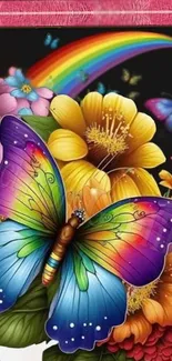 Rainbow butterfly on vibrant flowers with a colorful background.