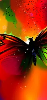 Vibrant butterfly with colorful rainbow background and star accents.