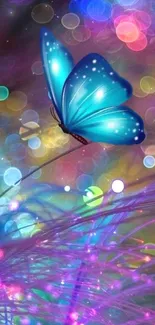 Blue butterfly on vibrant fantasy background.