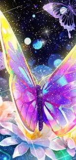 Colorful fantasy butterfly art with flowers under a starry sky.