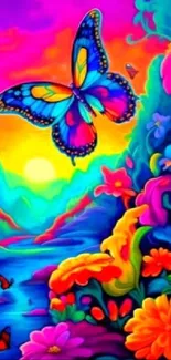 Colorful butterfly and flowers in a vibrant fantasy art scene.