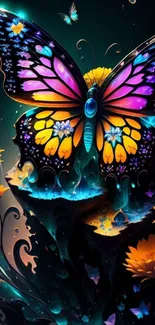 Vibrant butterfly in a fantasy art scene with colorful flowers.