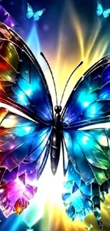 Vibrant butterfly with rainbow colors and fantasy glow.