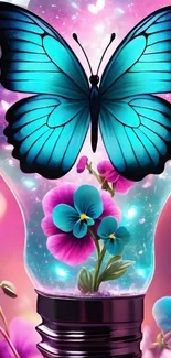 A vibrant butterfly inside a light bulb with floral art.