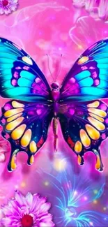 Colorful butterfly with floral design on vibrant pink background.