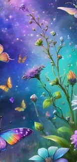 Colorful butterfly fantasy art mobile wallpaper with floral elements.