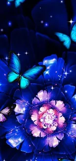 Vibrant blue fantasy art with butterflies.