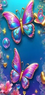 Colorful fantasy wallpaper with butterflies and flowers.