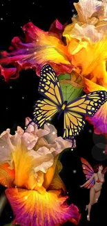 Vibrant fantasy wallpaper with butterfly and flowers.