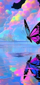 Vibrant butterfly with colorful clouds reflection.