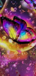 Colorful butterfly glowing in a fantasy scene.