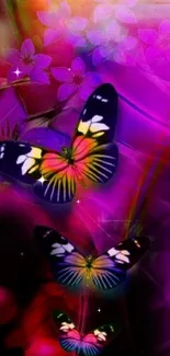 Colorful butterflies on a magenta background with floral elements.