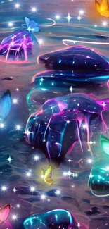 Vibrant fantasy art with glowing butterflies over neon stones on water.