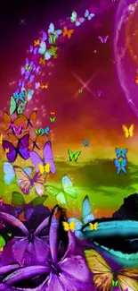 Vibrant wallpaper with colorful butterflies in a cosmic fantasy setting.