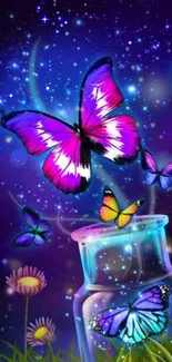 Vibrant butterflies under a starry sky with glowing effects in fantasy art style.