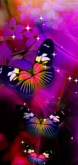 Colorful butterfly art with a purple and pink floral background.