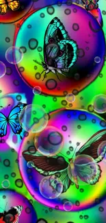 Vibrant fantasy wallpaper with colorful butterflies and orbs.