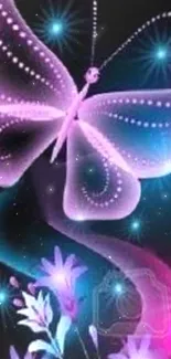 Glowing purple butterfly with cosmic backdrop.