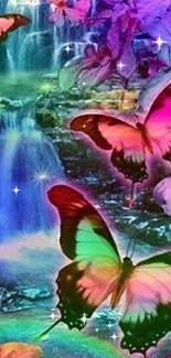 Vibrant butterflies with waterfall in fantasy setting wallpaper.