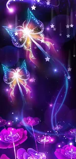 Vibrant fantasy art with luminous butterflies and glowing purple flowers.