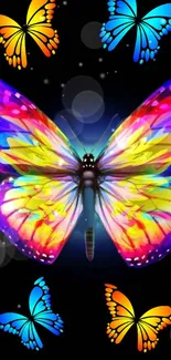 Colorful neon butterflies on a black background with glowing effects.