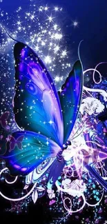 Vibrant blue butterfly in a starry galaxy background.