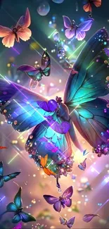 Vibrant mobile wallpaper with colorful butterflies in a mystical, glowing forest.