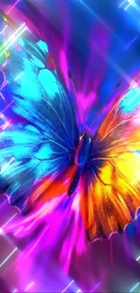 Vibrant butterfly with blue and orange wings on a glowing background.