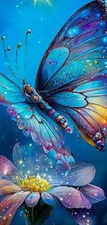 Vibrant butterfly on a flower with glowing fantasy colors.